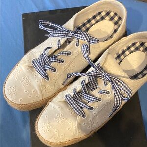White Eyelet Sneakers with Blue Gingham Laces
